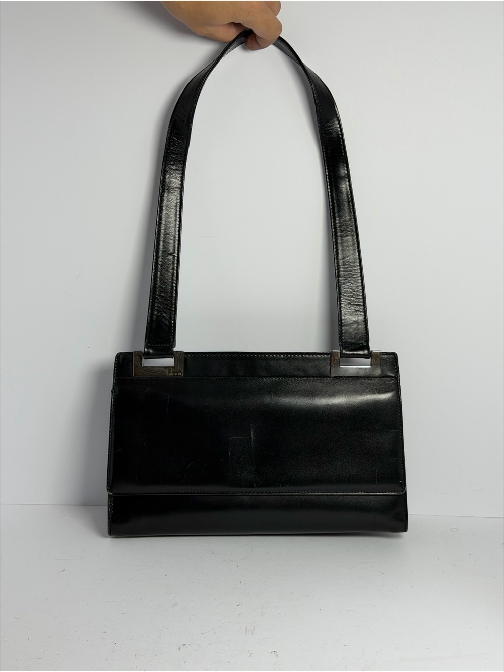 Vintage Gucci Black Leather Rectangular Flap Shoulder Bag
